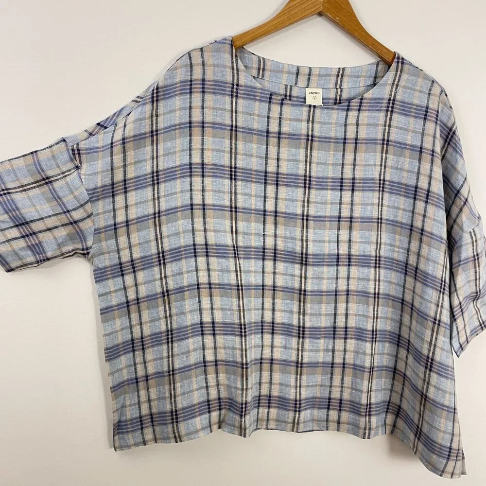 Lintico Aurora Linen Gingham Checked Boatneck 3/4 Sleeve Top - Picture 3 of 12